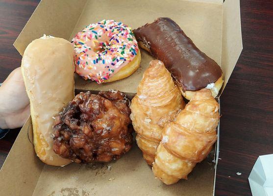 Maple cream filled , iced sprinkles, chocolate cream filled , apple fritter , 2 cronuts