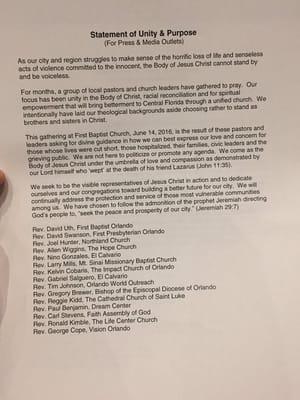 Statement of Unity & Purpose. Distributed by local faith leaders after the June 12, 2016 Pulse nightclub shooting in Orlando, FL.