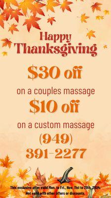 Enjoy $30 Off for a Relaxing Thanksgiving Experience!