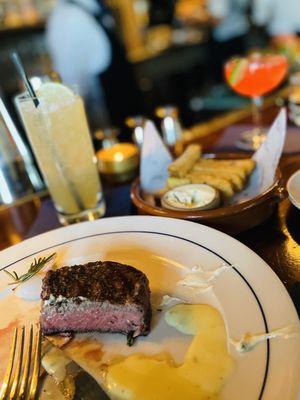 Niman Ranch filet with frites and cocktails. Best bar seat in town.