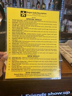 Sushi menu