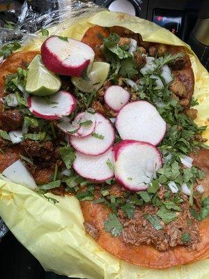 tacos de birria, pastor, & pollo. extra crispy tortilla