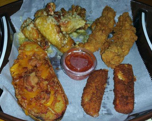 Power Play Platter of appetizers $12.95  w/ 6 wings, 2 grouper fingers, 2 cheese sticks & a loaded potato skin