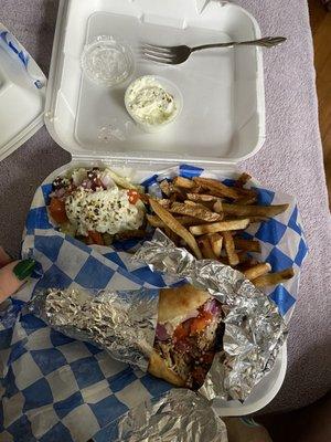 Chicken gyro with greek salad and Tzatziki Fries