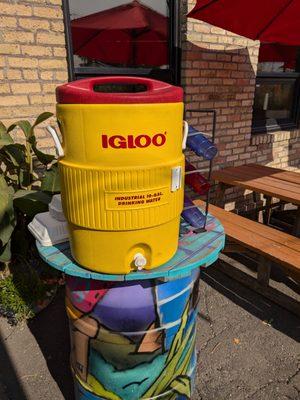 Bonus points for a self-serve water barrel with reusable cups.