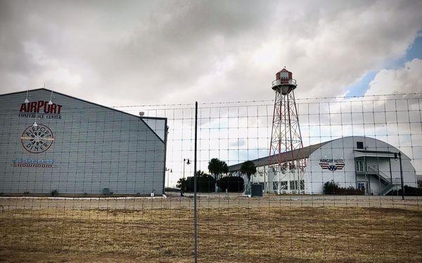 The Hangar Hotel (right) and the event space and Airport Diner (left)