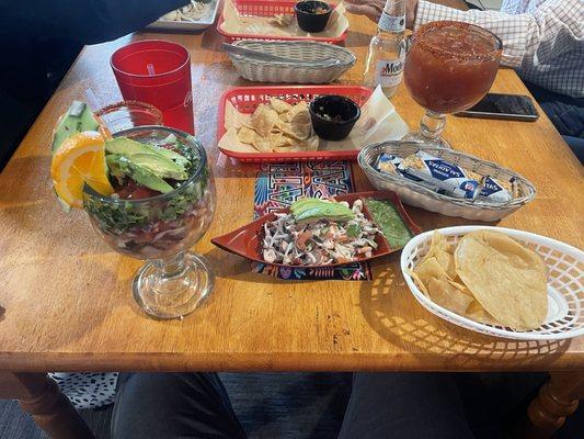 Shrimp ceviche, shrimp cocktail, Michelada