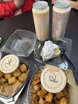 Fried Tofu, Popcorn Chicken, Thai Milk Tea, Ube Milk Tea, and Blueberry Japanese Cheesecake