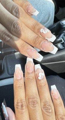 French tip acrylic set with pearls and 3D sculpted flowers