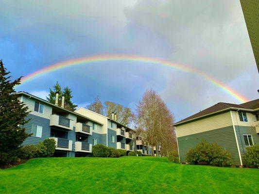 The complex in spring. Double rainbow after a quick rain shower.