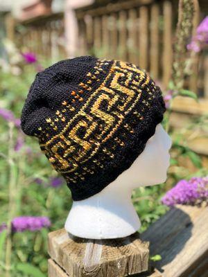 Mosaic hat pattern available in shop.  Knit with Malabrigo yarn.  Super fun!