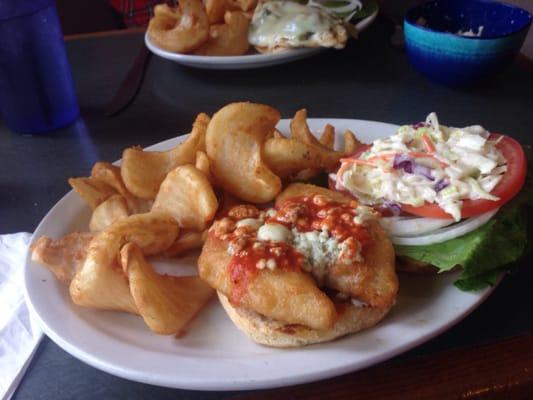 Twisted fish sandwich with side winder fries