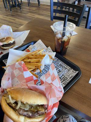 Burger with grilled onions, double small burger, fries and green tea boba