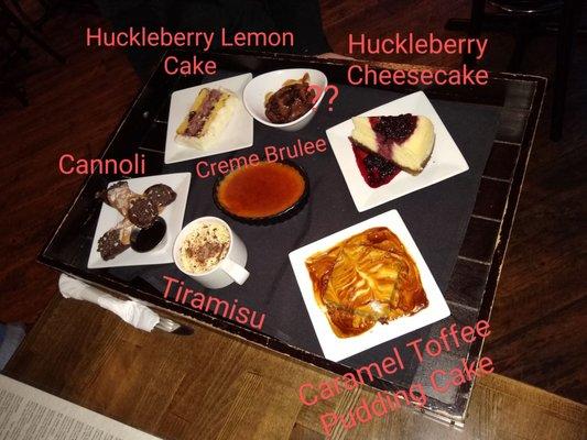 We were presented with a dessert display tray instead of a menu. So I took a picture and annotated it as best as I can!