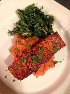 Grilled Salmon w/ pureed sweet potatoes & greens