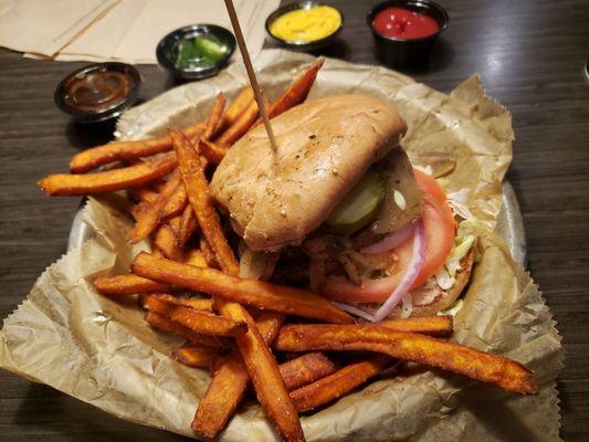 Impossible burger on gluten free bun (vegan) and sweet potato fries