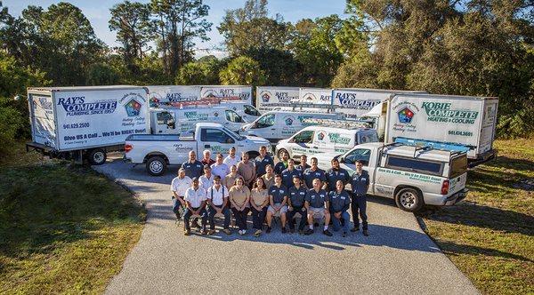 The Plumbing (Ray's Complete) and Air Conditioning (Kobie Complete) staff, pictured with our fleet of service vehicles.