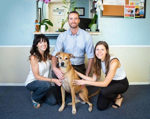 Our Chiropractic Team. Dr. Curda, Laura, Mila, and Chance!