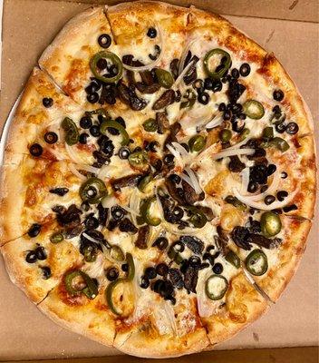 Create Your Own: black olives, jalapeños, onions and mushrooms