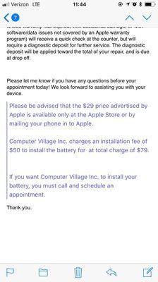 Email from Computer Village sent at 10:08am. Appointment was at 10:20am