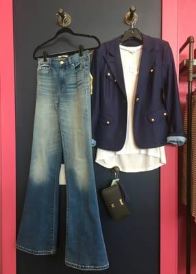 Smythe Classic Blazer in Navy paired with Henry & Belle High Waisted Flare Jeans and the most comfortable white tee from Splendid.