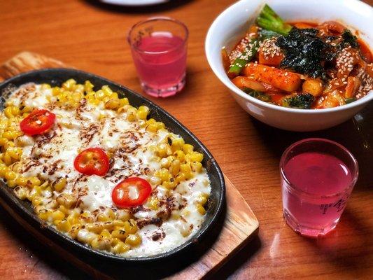 Cheesy Corn and Spicy Dukbokki (with Pomegranate Soju Cocktail shots)