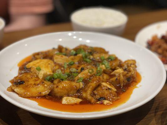 Mapo Tofu Fish. Fish is super flaky, tender, we'll seasoned and thick. Loved this dish.