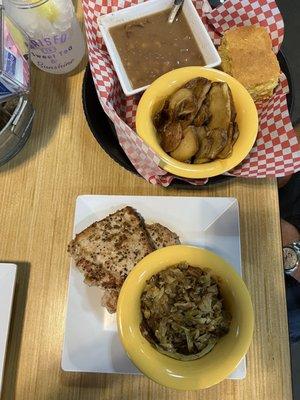 Pinto beans, fried potatoes, cornbread, cabbage, 2 pork chops