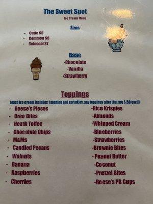 Ice cream menu