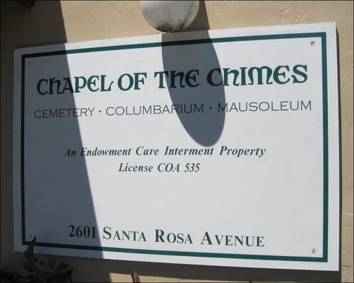 Chapel of the Chimes Mausoleum sign.