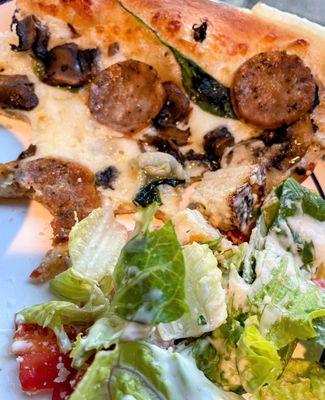 Manhattan Pizza added Italian Sausage, 1/2 House Salad