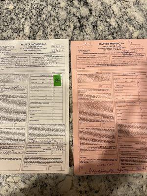 Proof of forgery. Pink slip is the one I was given at the time of pick up white slip is what was presented at time of delivery