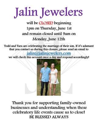 Jalin will be CLOSED 6/1/2023 - 6/11/2023 for a family wedding!