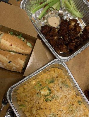 Vegan Mac and Cheese, Teriyaki Tofu (VEGAN), Tofu Banh Mi, Cauliflower Wings