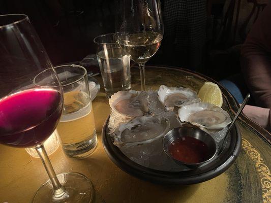 Oysters and wine.