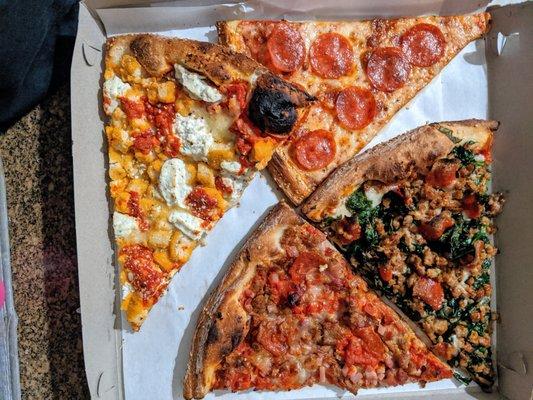 Slice City (Clockwise): Chicken Parm, Pepperoni, Spinach Pepperoni Sausage, All Meat