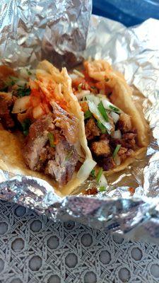 Carnitas and chicharron tacos