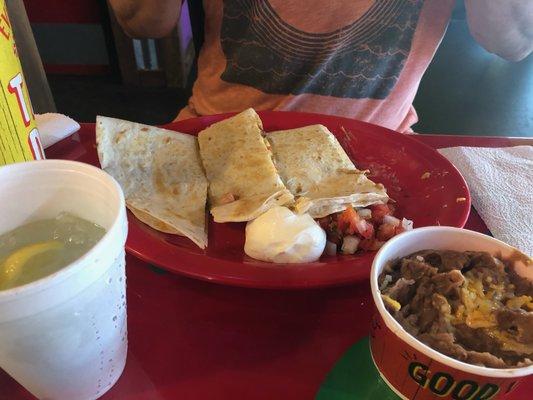 Spicy Pork Quesadillas with a side of Refried Beans