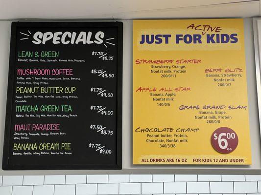 Specials and Kids Drink Menu