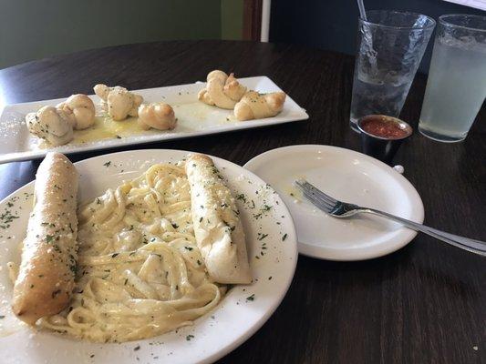 Fettuccine Chicken Alfredo Dinner; Fresh Baked Garlic Knots