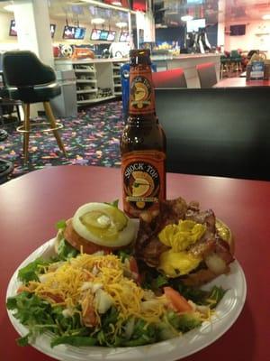 Bacon Cheeseburger w/side salad; and Shock Top (Belgian White) Ale.