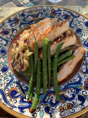 Chicken katsu, vegan choi mein, green beans and slaw