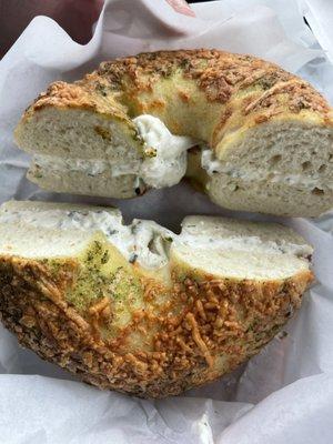 Pesto Bagel W/ Garlic and Herb Cream Cheese