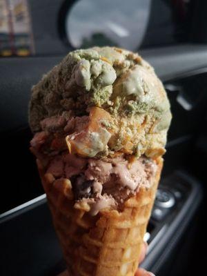 Waffle cone with a scoop of "camo" on top (something delicious involving peanut butter) and brownie batter in the bottom