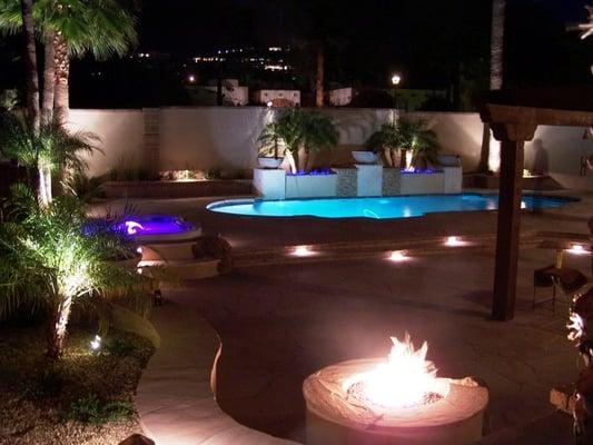 Scottsdale Pool, Jacuzzi, and firepit at night