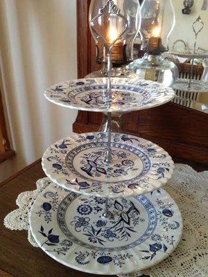 Tiered serving dishes from vintage china.