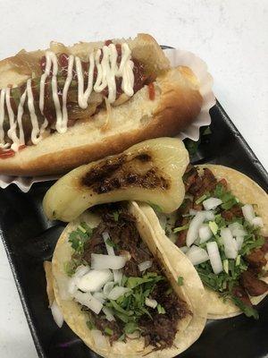 Sonoran dog cabeza and al pastor taco's