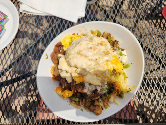 Ribeye biscuits.  With hashbrowns, cheese biscuits meat and vegetables.