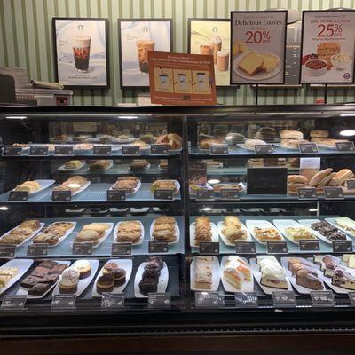 Starbucks inside Barnes: wide assortment of cakes, pies, crullers, cookies and sandwiches