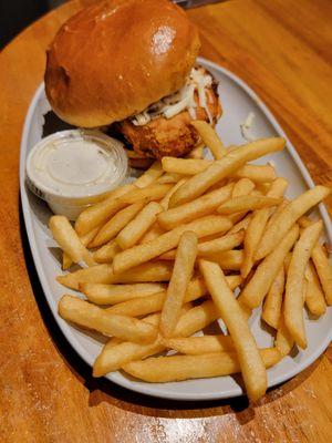 Buffalo Chicken Sandwich with a side of ranch and French fries